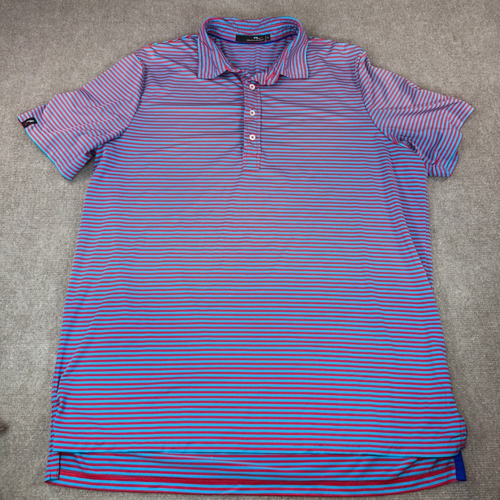 RLX Ralph Lauren Mens XL Golf Polo Red Blue Striped Performance Short Sleeve